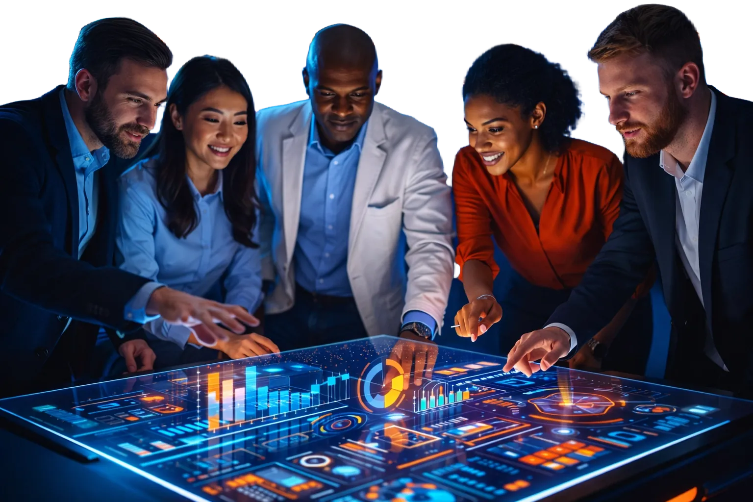 A team gathered around a table-sized screen full of charts